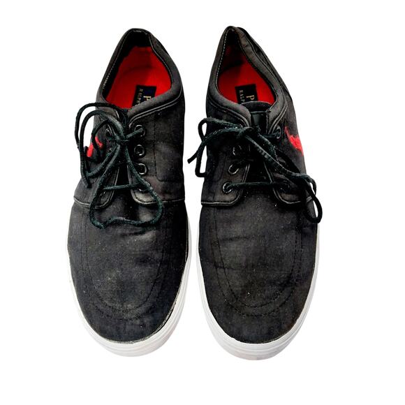 POLO BY RALPH LAUREN! BLACK CANVAS, TED LOGO LEATHER LACED TENNIS SHOES! SZ 9D
